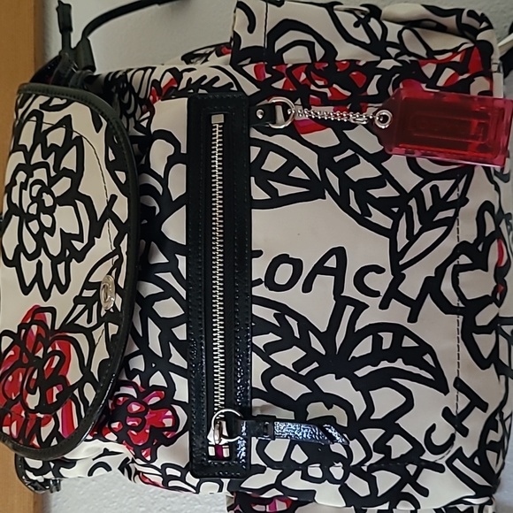 Coach "Daisy" White/Black/Red Floral-Logo Print Fabric Backpack - Picture 2 of 15
